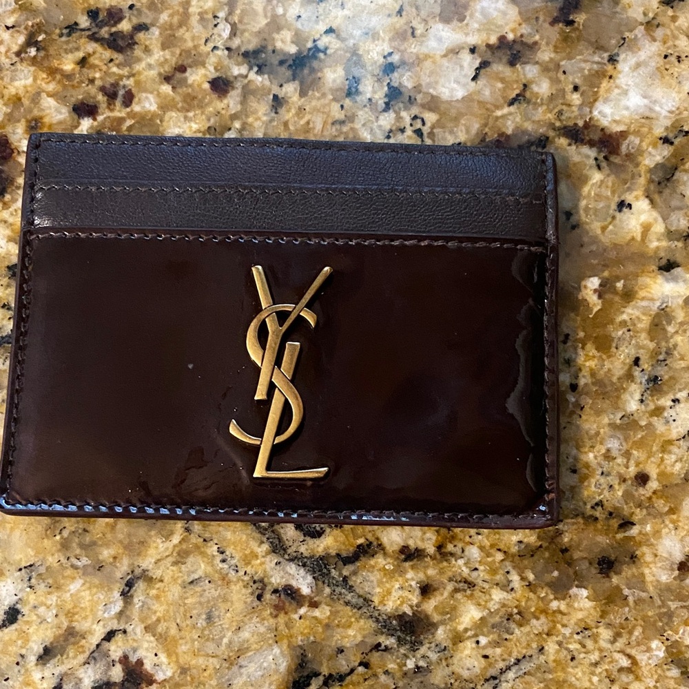 Authentic YSL Dark Brown Card Holder with Gold Logo